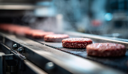 Meat patties being cooked on a conveyor grill at a meat processing facility