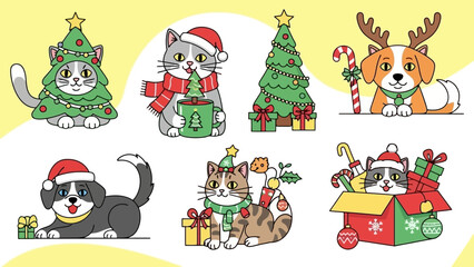 Cute Cartoon Christmas Animals and Trees for Festive Holiday Design