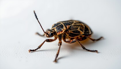 A close up photograph of an insect with a shiny exoskeleton and long antennae, taken against a blurred background that does not provide any additional context.