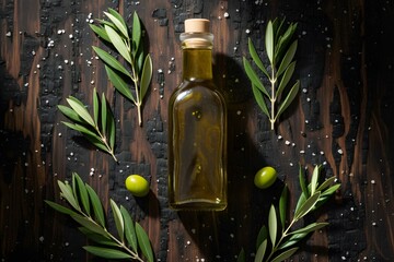 Flat Lay Composition of Premium Extra Virgin Olive Oil in a Glass Bottle with Fresh Olive Leaves and Branches on a Dark Rustic Wooden Background, Natural Light for Mediterranean, Healthy Food, and Gou