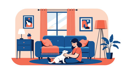 Person playing with pet at home in modern flat vector illustration, animal care leisure activity, ideal for lifestyle and pet-related content