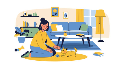 Person playing with pet at home in modern flat vector illustration, animal care leisure activity, ideal for lifestyle and pet-related content