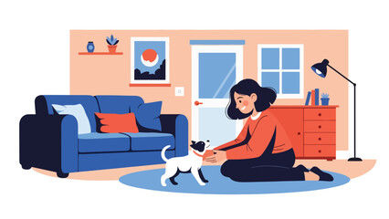 Person playing with pet at home in modern flat vector illustration, animal care leisure activity, ideal for lifestyle and pet-related content