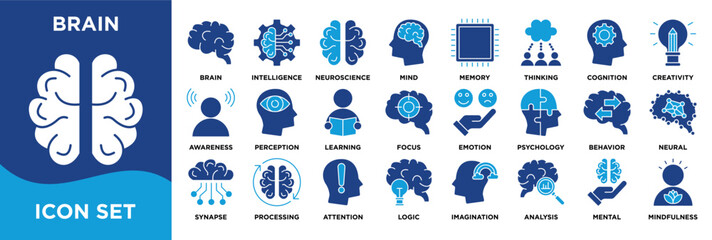 Brain icon collection set. Containing  intelligence, neuroscience, memory, cognition, creativity, learning, emotion, focus, and mental health. vector glyph