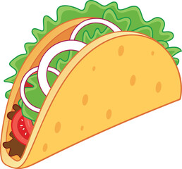 A vibrant cartoon illustration showing a hard shell taco filled with fresh vegetables and ground meat