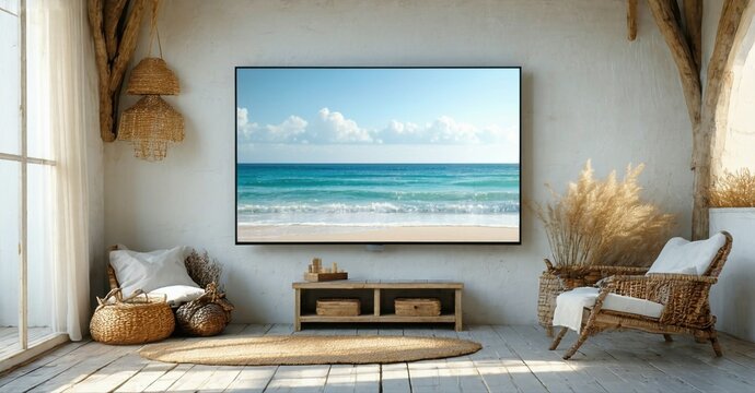 Bright living room features beach scene displayed on wall mounted television. Wicker furniture, neutral tones create cozy atmosphere.
