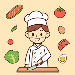 A friendly cartoon illustration of a chef preparing to cook with various food items floating around