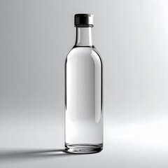 Clear Glass Bottle with Black Cap and Shadow on Light Gray Background