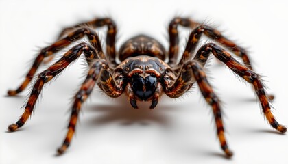 An image of an intricately detailed toy spider with brown spots against a white background. The spider has eight legs and appears to be crawling, set against a clear white surface.