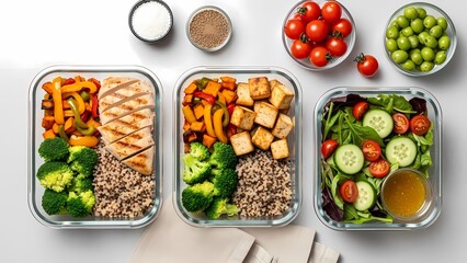 A clean and balanced food flatlay featuring fresh vegetables and healthy proteins, ideal for diet resolutions, wellness campaigns, and healthy lifestyle content.