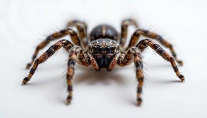 Fototapeta premium A spider with intricate patterns in shades of brown, black, and white sitting on what appears to be a white surface