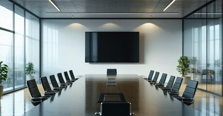 Modern conference room. Long wooden table, black chairs, large screen. Bright space with windows, plants present. Minimalist design.