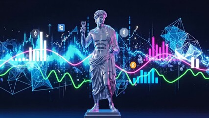 Animated 3D Statue Neon NFT Trading Concept Digital Art - Powered by Adobe