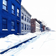 Blue and Gray Row Houses Covered in Snow on a Winter Street in Daylight