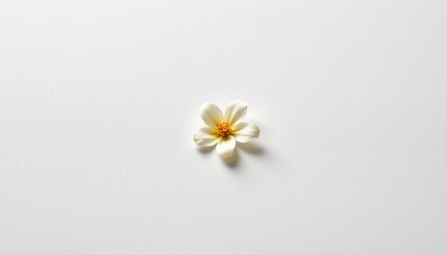 A single white flower with yellow anthers sits in the center of a gray textured background.
