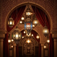 Fototapeta premium Decorative lanterns hanging in an arched interior space