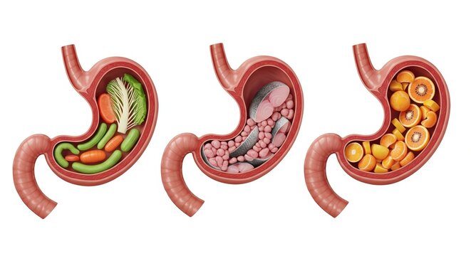 Detailed cross sectional medical illustration of human stomach digesting various food types
