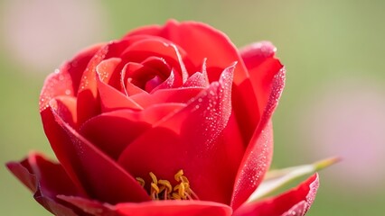 Vibrant red rose in morning dew