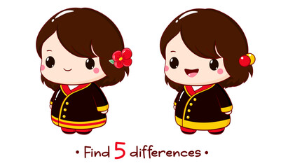 Find five Differences Activity For Preschool Children. Educational Game for Kids with kokeshi doll in oriental clothes. Find 5 differences education game for kids with cute little girl. Vector EPS8