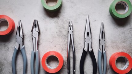 Assortment of pliers and electrical tape on a textured surface