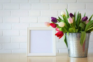 Colorful tulips in a galvanized bucket beside a white picture frame