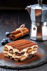 Delicious tiramisu dessert with coffee maker and cinnamon sticks