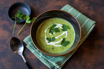 Creamy green vegetable soup with swirl of cream and parsley