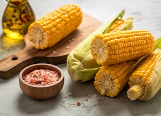Fresh corn on the cob with salt and oil ready for cooking