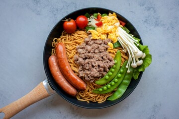 Savory noodle dish with sausage and vegetables in a skillet