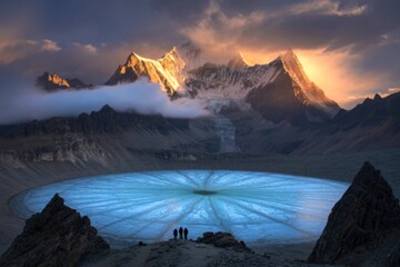 Surreal mountain landscape with a giant eye shaped lake