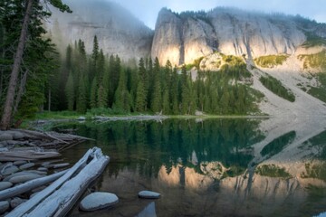 Tranquil alpine lake reflecting majestic rocky mountains and evergreen forest