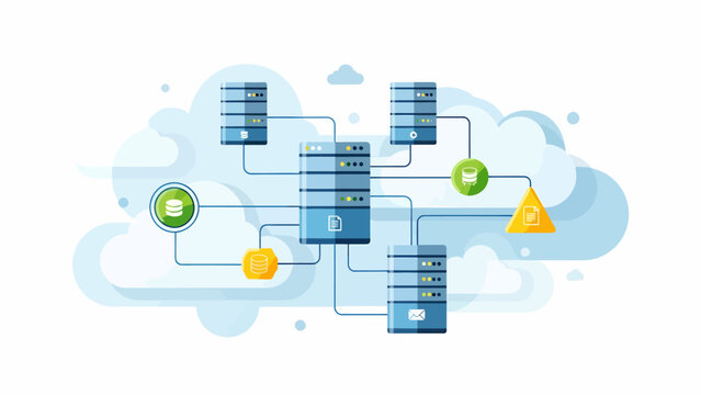 Digital cloud computing network infrastructure concept, showing interconnected server racks and data centers for scalable data storage, processing, and modern IT service delivery solutions