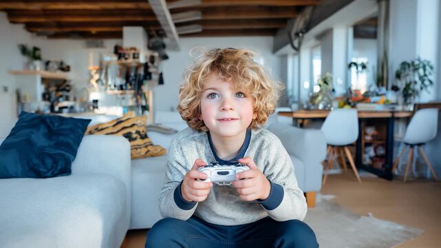 A little boy with curly hair plays a game with a controller that is too big for his hands. He sits in a bright room, fully engaged in his activity and enjoying his time