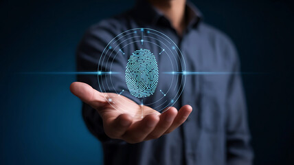 A human hand presents a glowing futuristic digital fingerprint icon representing advanced biometric security and personal identification technology for data protection and future access