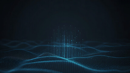 Abstract futuristic dark blue background displaying digital data streams and glowing lines emerging from a complex wavelike mesh network concept for advanced technology