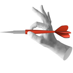 Hand holding dart ready to throw. Symbolizes action, targeting, or launching a project. Part of series