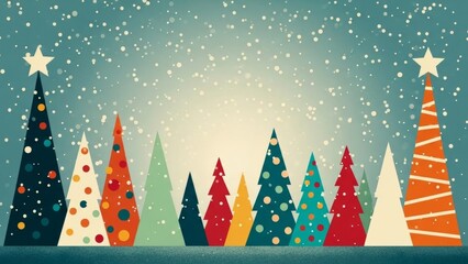 Colorful stylized christmas trees stand beneath heavy snowfall in a retro holiday winter scene background