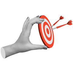 Hand holding red target with arrows. Represents goal setting, focus, or precision in business. Part of series