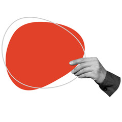Hand holds large, flat red shape with copy space. Symbolizes blank canvas, focal point, or design element. Part of series