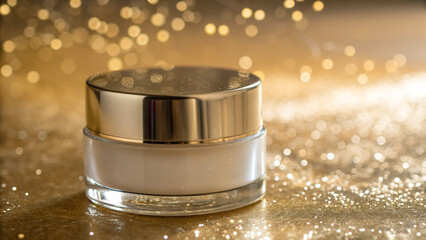 Mockup of a skincare cream container on a golden glitter background with soft lighting effects
