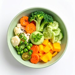 Overhead View of Colorful Vegetable Bowl on White Background