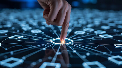 Human finger activating a glowing hexagonal button on a futuristic blue digital interface symbolizing advanced technology data processing and global connectivity for innovative solutions