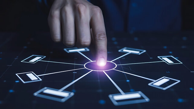 Human finger touching an illuminated glowing digital network hub connecting multiple data nodes on a dark tech background representing global communication and big data concepts - Powered by Adobe