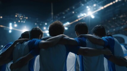 A group of esports players huddles together in a modern arena to strategize before their upcoming match. The atmosphere is filled with excitement as they prepare to compete