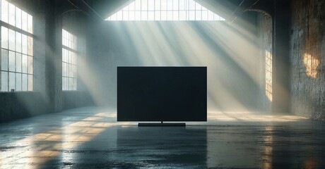 Empty warehouse interior. Sunlight streams through windows illuminating television. Minimalist presentation, dramatic lighting, concrete floor.