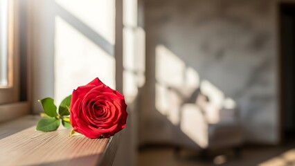 Single red rose on a windowsill