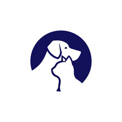 Clean modern logo design of a dog and cat silhouette profile facing each other inside a circle, blue on white
