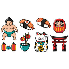 Vibrant collection of traditional Japanese culture, iconic symbols, delicious food, vector illustration
