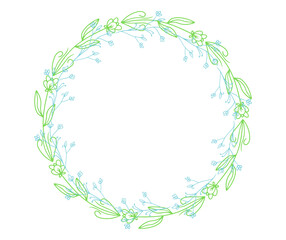 PNG image with text  of Delicate hand drawn floral wreath border design featuring soft green leaves and light blue blossoms perfect for wedding invitations or spring decor on transparent background