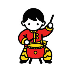 Cartoon Child Drummer in Red Outfit Playing Drum.